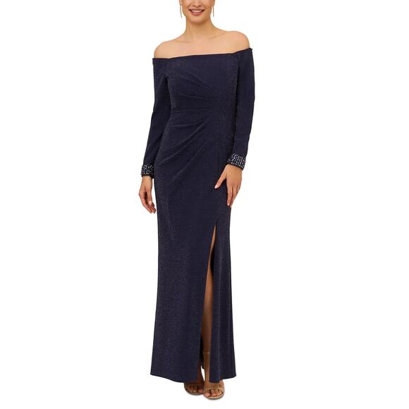 Adrianna Papell Women's Formal Dress Size 10 Blue Off the Shoulder Long Gown - Picture 12 of 14